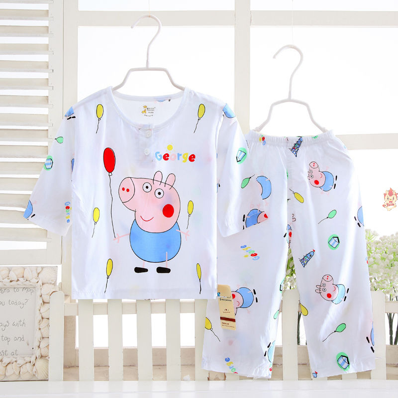 夏季宝宝绵绸睡衣男女童棉绸套装婴幼儿衣服中大童小孩家居服薄款