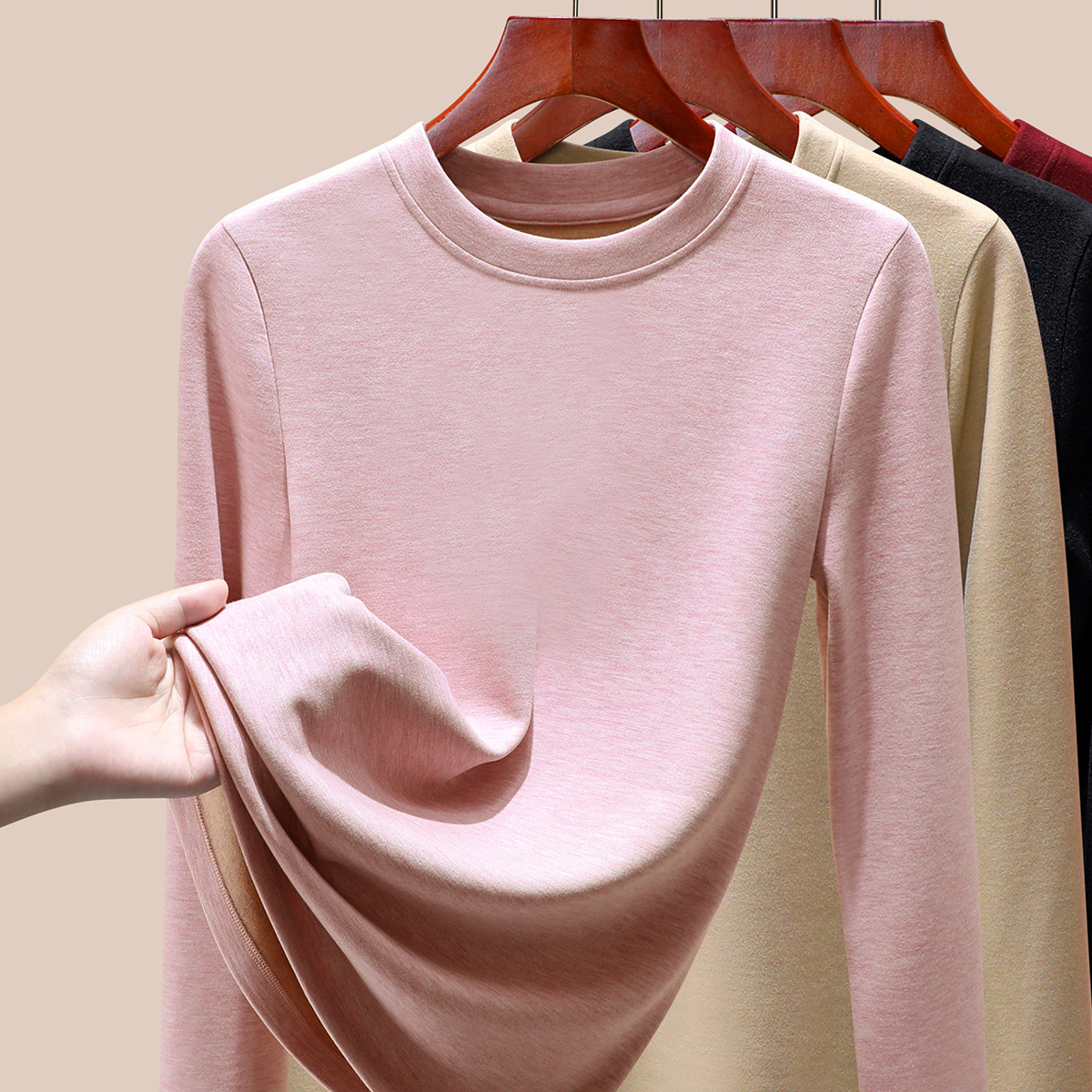 蚕丝暖绒发热保暖内衣女内搭加绒秋衣单件上衣羊毛1688打底衫冬季 粉色 XXL