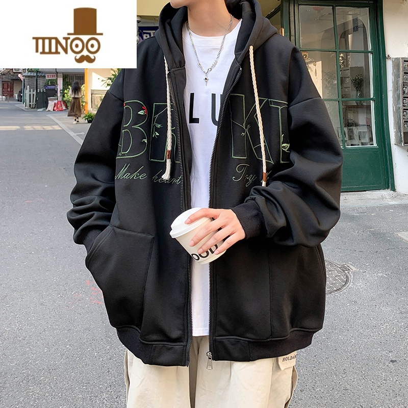 YANXU连帽卫衣男宽松拉链开衫外套美式潮牌刺绣情侣长袖外Y高清大图