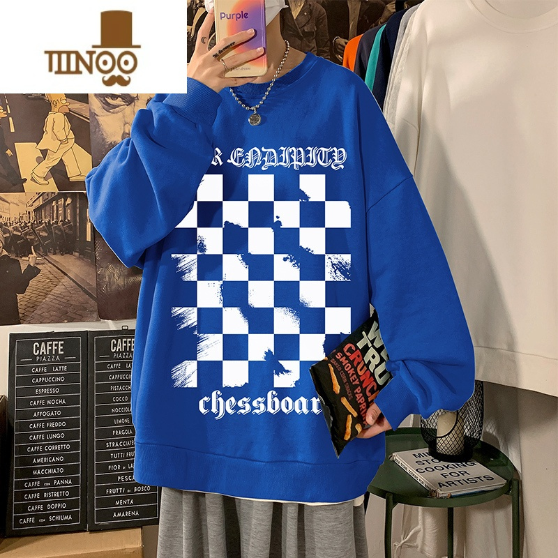 yanxu棋盘格卫衣男潮牌打底衫ins潮流内搭宽松无帽外套格子衣服