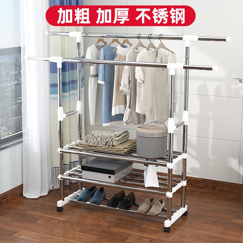 晾衣架落地室内晒衣架卧室晾衣杆单杆挂衣架简易晒架凉晾衣服架子 三维工匠 加粗加厚双杆不锈钢(舒适款)黑色-有轮 大高清大图