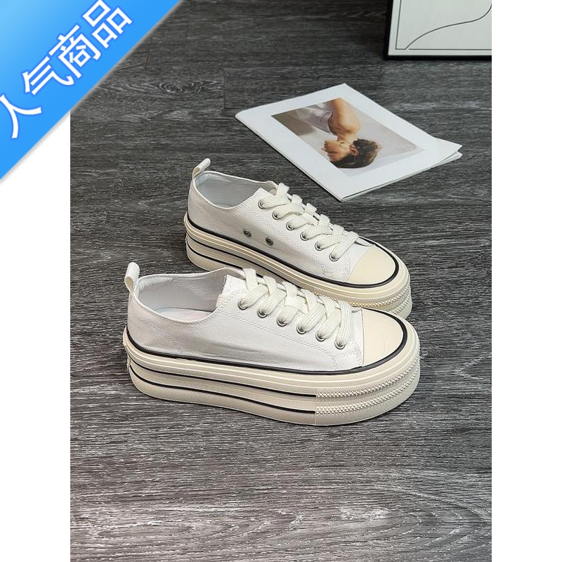 SUNTEK粉色厚底帆布鞋女2023春夏新款增高软底低帮板鞋黑色百搭学生布鞋 白色 送运费保险十五天无理由退货