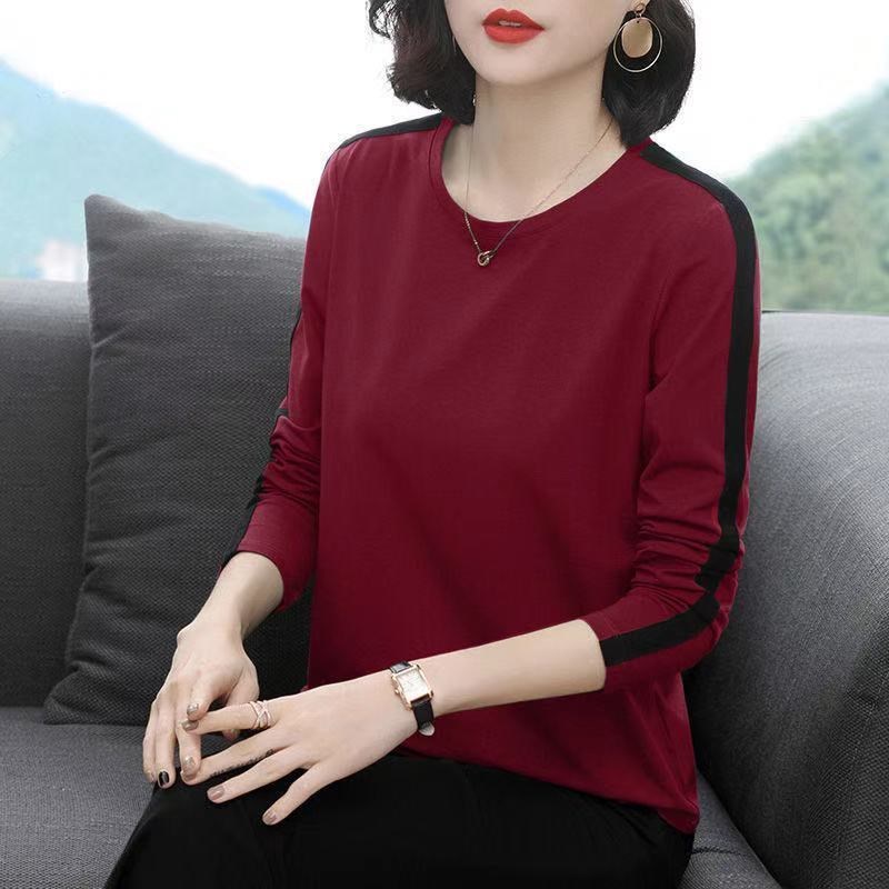 艳如飞中年妈妈装棉长袖t恤女2020秋季新款拼色宽松显瘦色上衣秋衣T恤