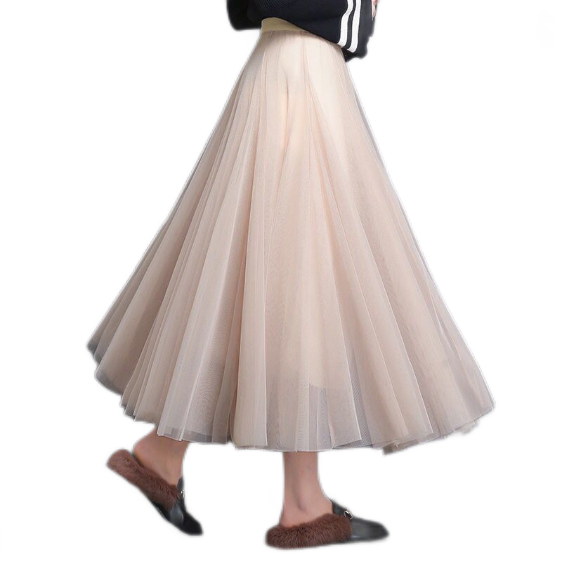 女士精品新款长纱裙半身裙女高腰中长网纱裙百褶裙a字裙大摆裙子臻依