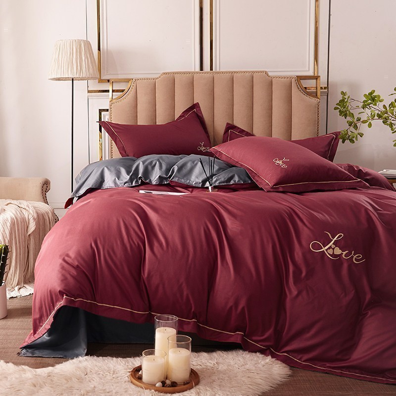 美帮汇简约色北欧床上四件套1.8m被单双人床被罩刺绣床单单人宿舍 刺绣款-枣红灰 1.8米床四件套【适合被子尺寸180*220】