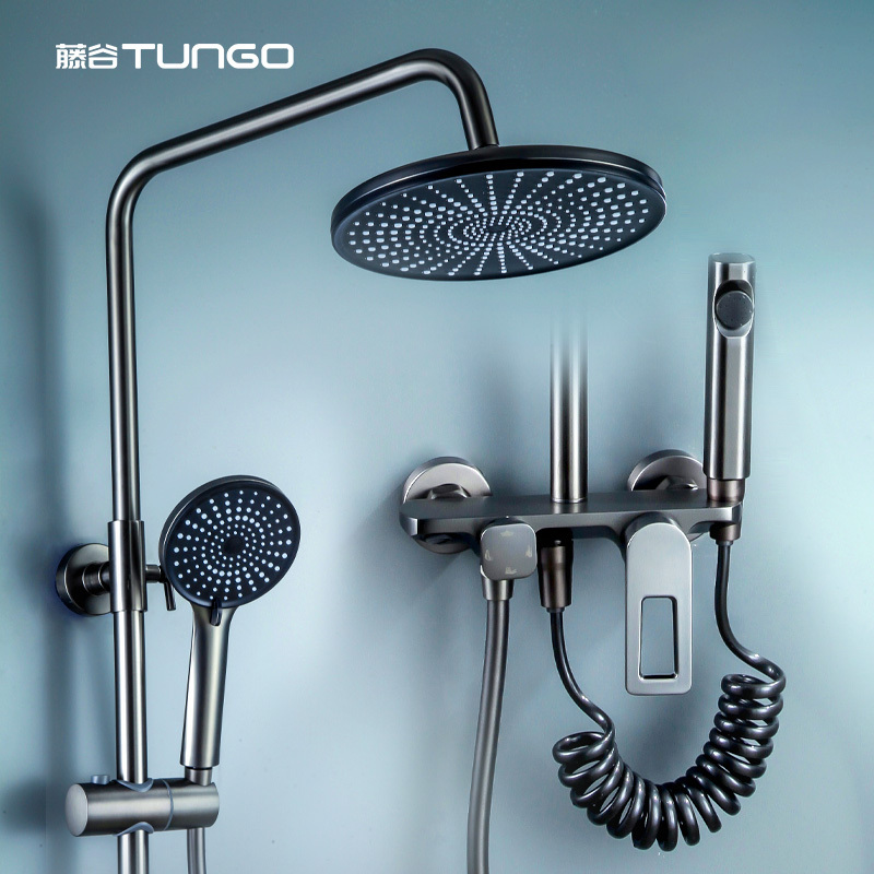 藤谷tungo枪灰色浴室淋浴花洒套装精铜主体增压喷头卫生间莲蓬头淋雨
