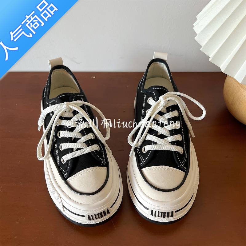 SUNTEK春季黑色帆布鞋女厚底女生百搭2023年新款休闲板鞋潮ins小白鞋 黑色 37