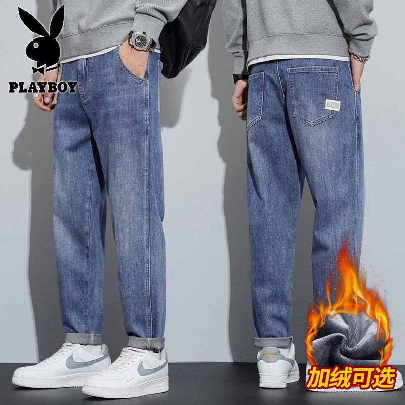 花花公子新款高品质2025秋冬加绒牛仔裤阔腿新款直筒韩版潮流百搭青年哈伦裤_279高清大图