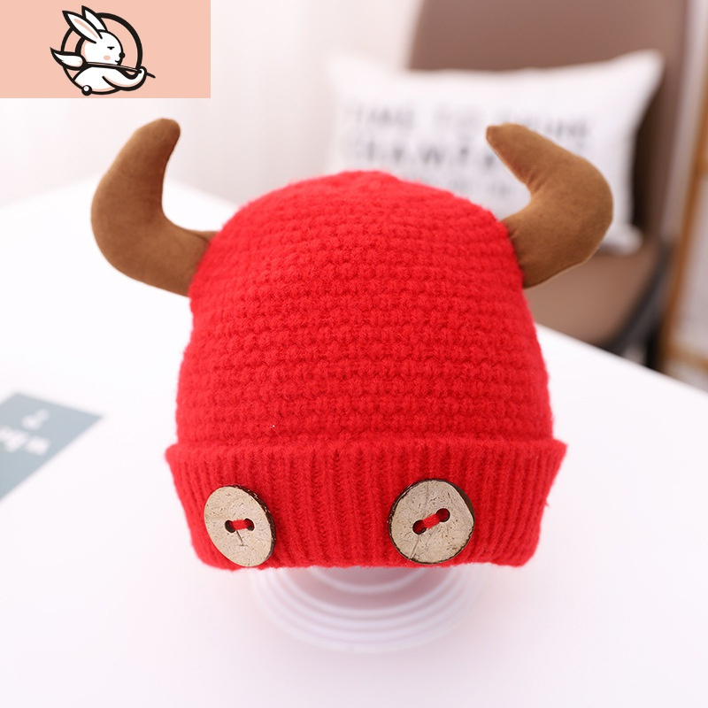 huayangtu0一1岁红色牛角帽小牛婴儿男宝宝帽子儿童女牛年新年过年