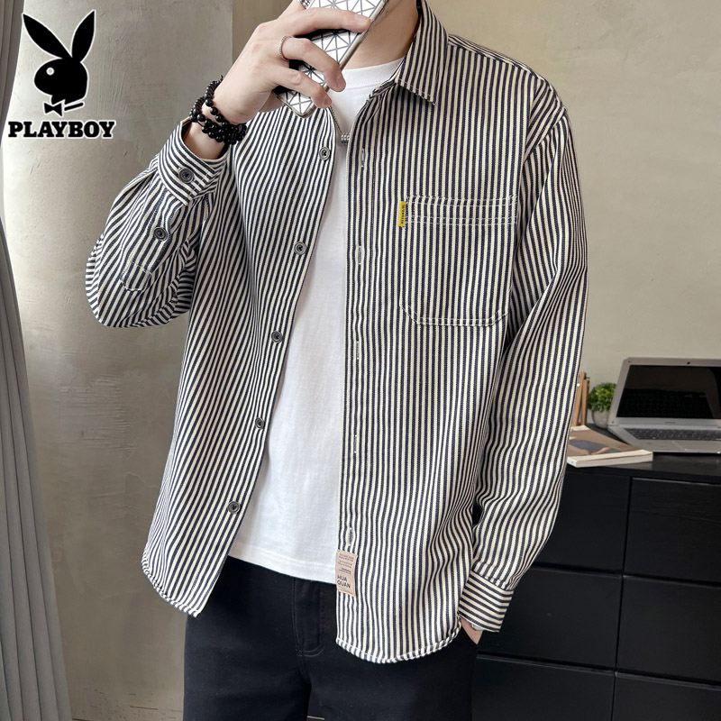 花花公子长袖衬衫男士纯棉条纹上衣服2025年秋季休闲外套衬衣男上高清大图