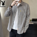 花花公子长袖衬衫男士纯棉条纹上衣服2025年秋季休闲外套衬衣男上