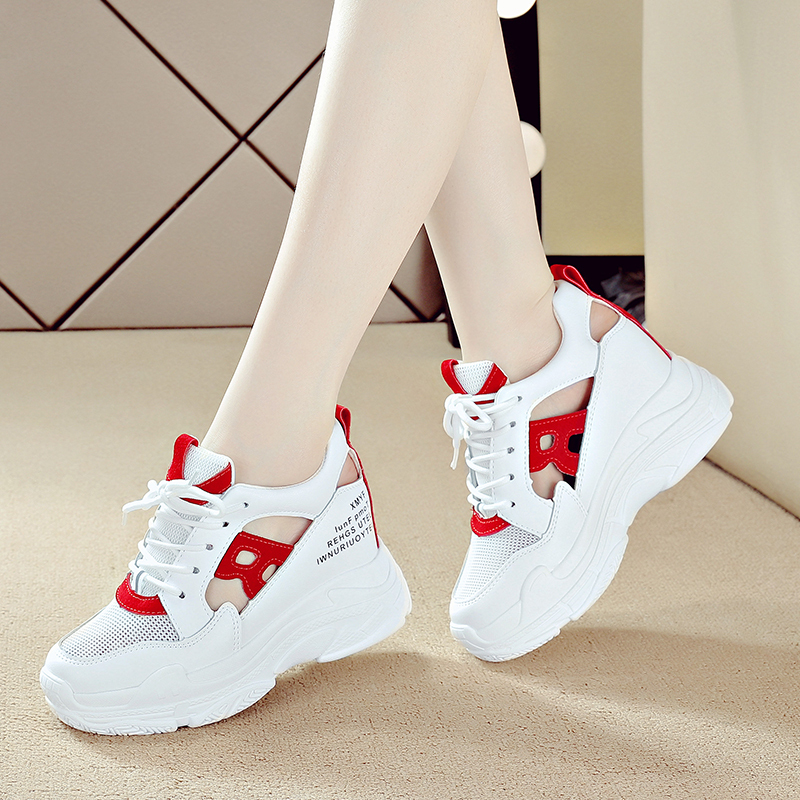 苏芈老爹鞋子女2021年新款夏天透气内增高网面镂空运动休闲小白鞋