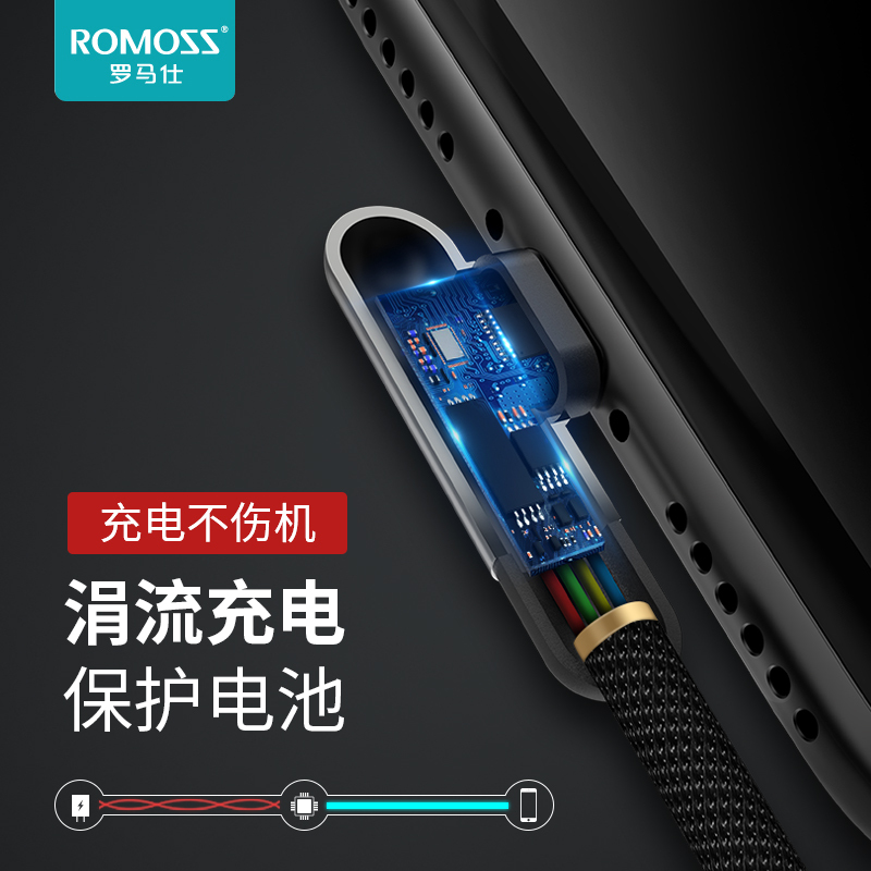 罗马仕苹果数据线iPhone11快充手机7充电线6s器8plus加长冲pro充电线器6splus手机8x弯头冲电1米黑色
