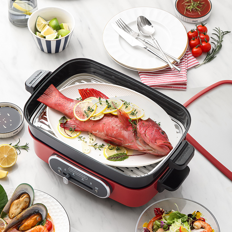 摩飞电器MR9018 红色多功能锅 料理锅电烧烤锅电火锅蒸锅2.5L韩式方锅防干烧功能