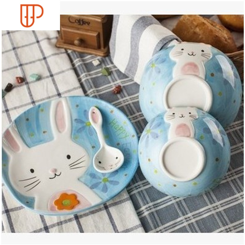 景德镇釉下彩纯色米饭甜品碗欧式创意兔子骨瓷碗盘餐具套装国泰家和兔