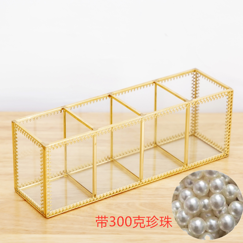 北欧创意美甲眉笔化妆笔化妆刷桶玻璃笔筒桌面香水口红文具收纳 三维工匠 四格蕾丝边(带300克珍珠)高清大图