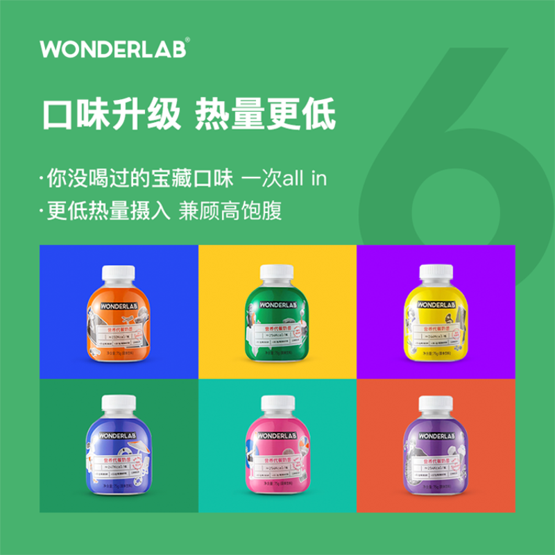 WonderLab经典新口味小胖瓶嚼嚼代餐奶昔奶茶 早餐粉低粥热量脂饱腹食品75g*6瓶
