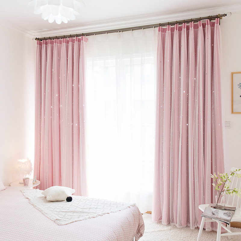 美帮汇珍珠双层公主风遮光卧室现代简约成品客厅窗帘 钉珠丽莎星星-绿色 平铺2.5宽*2.7高一片挂钩【可改短】