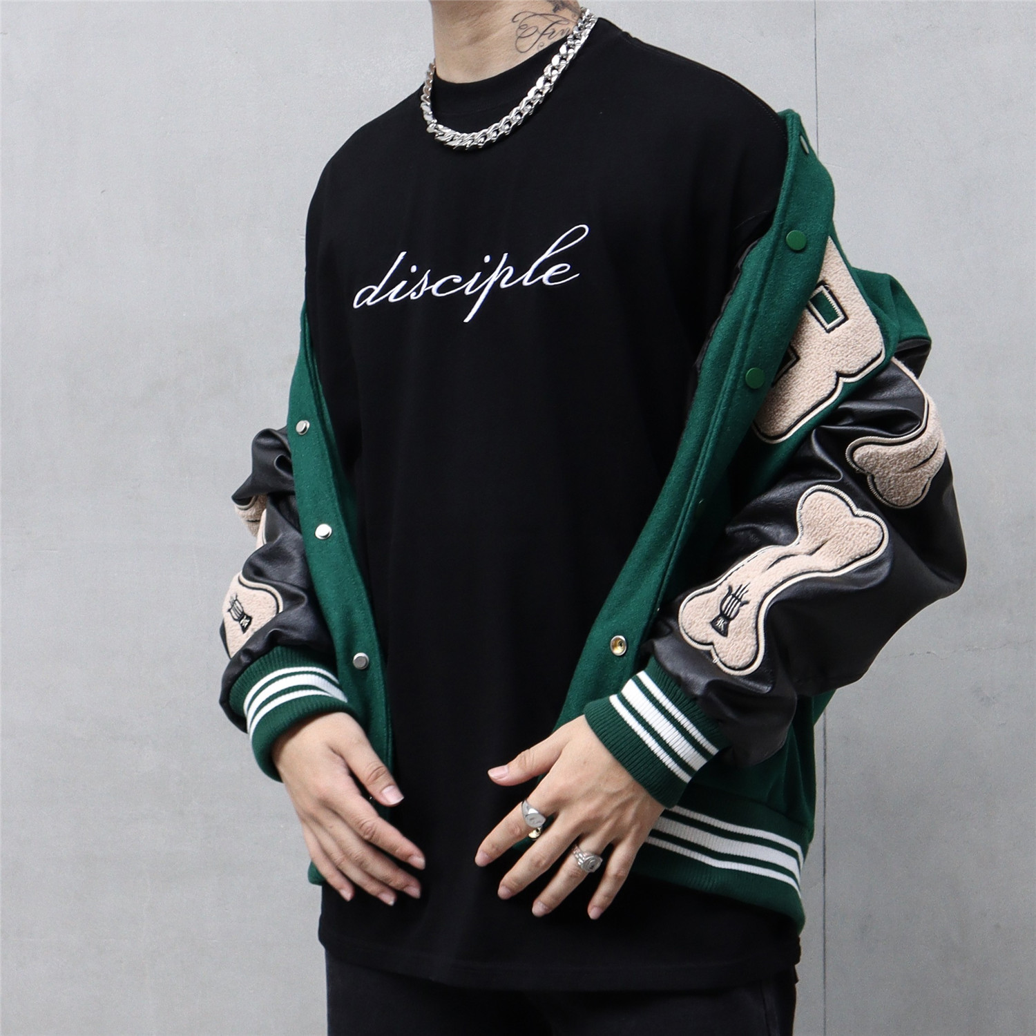 suntekmt99 美式基础款英文刺绣小领口宽松t恤男女潮牌棉休闲长袖上衣