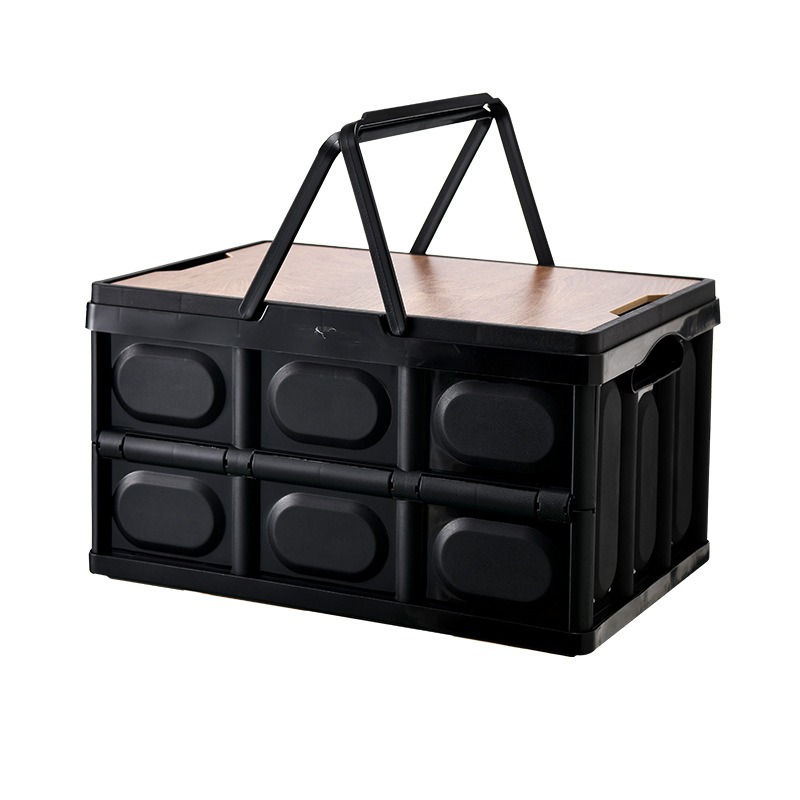 华普思手提收纳箱折叠箱整理箱后备箱置物箱木盖衣服储物箱黑色30L小号43.5*28.5*24CM