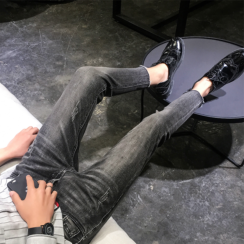 2018春夏年轻男士韩版修身小脚牛仔九分裤男磨破毛边青年潮男裤子