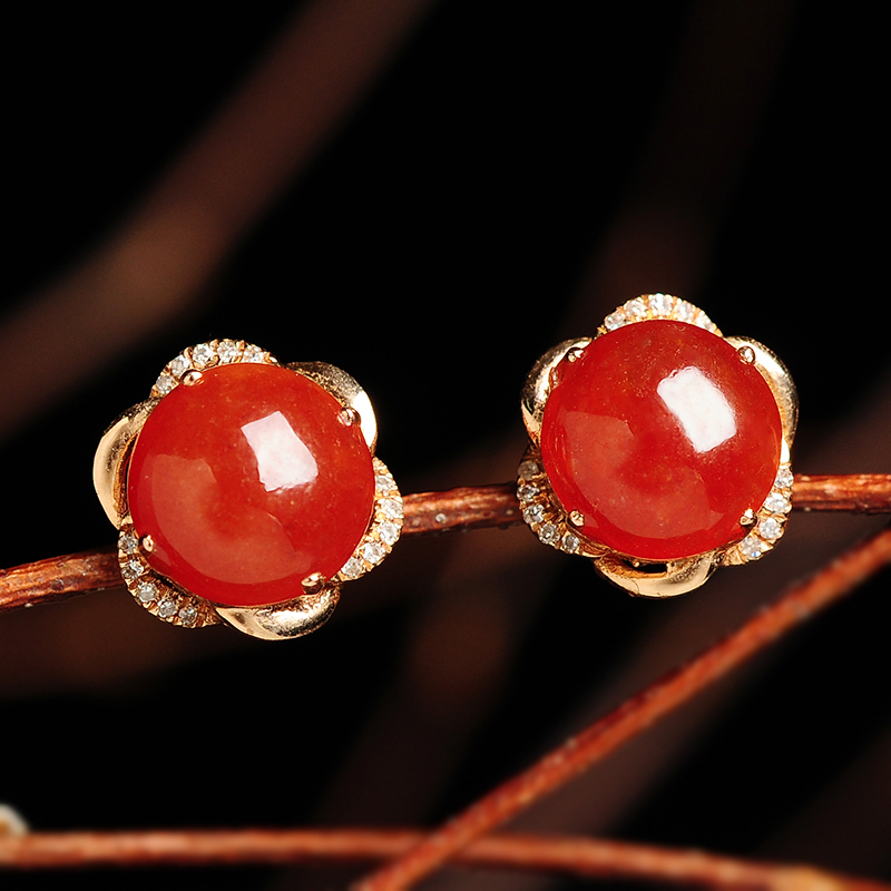 翡翠耳钉红翡镶嵌耳坠花朵玉石耳环女款蛋面圆形耳饰品 带证书送女