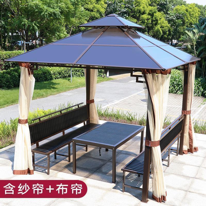 森美人室外铁艺亭子四角亭户外凉亭小木屋庭院花园农家乐农庄帐篷遮阳棚 两面座板+塑木桌【含双帘】