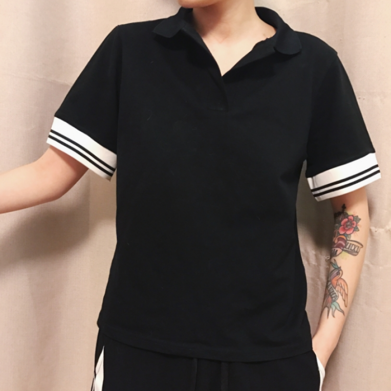 春夏女装韩版宽松短袖polo衫T恤百搭学生休闲打底衫中袖体恤上衣黑色均码