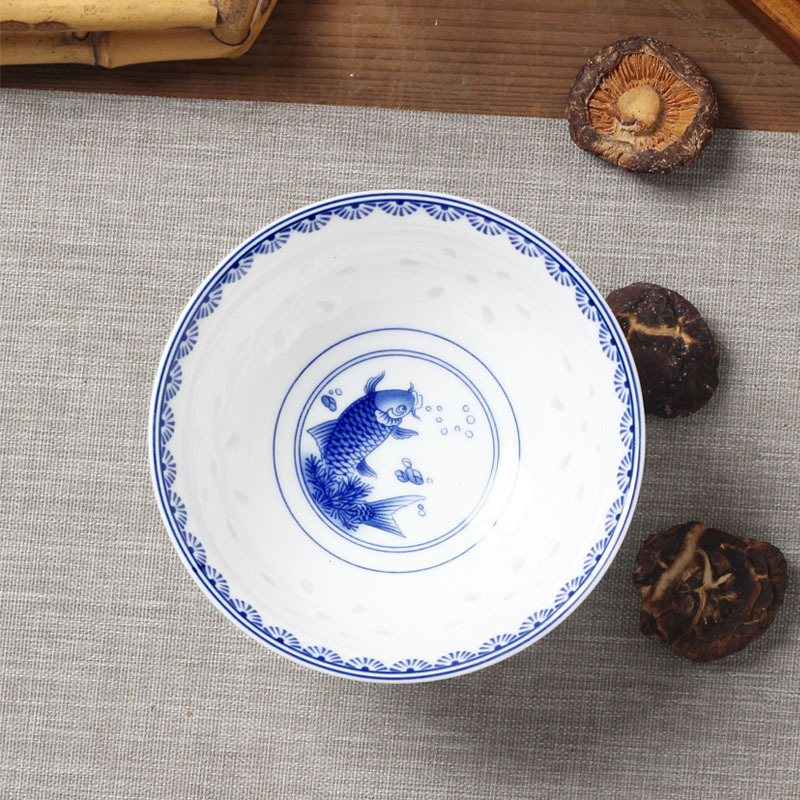 LICHEN 景德镇青花玲珑陶瓷碗 釉中彩陶瓷器饭碗 年年有鱼 5英寸饭碗1个 微波炉适用