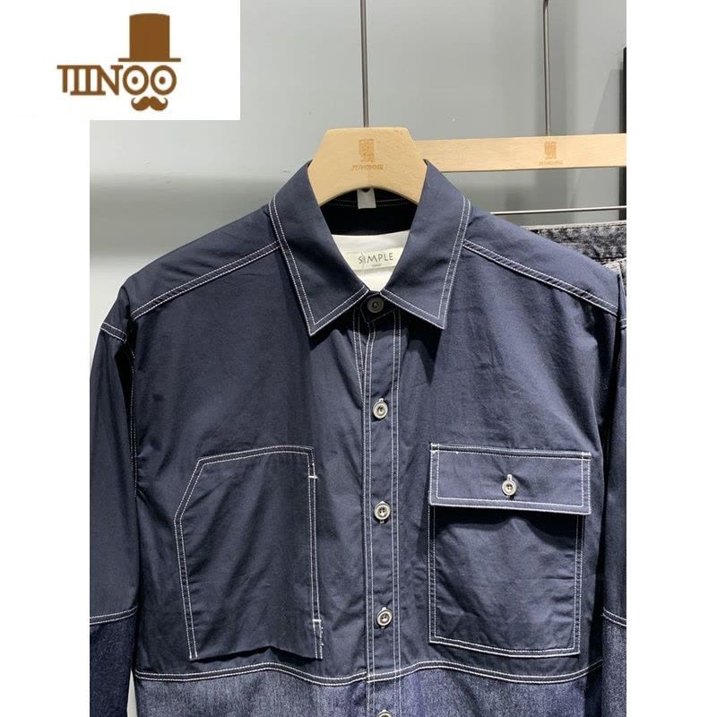 YANXU2023秋季新款男士纯色休闲长袖衬衫牛仔潮流拼接撞色宽松衬衣外套图片