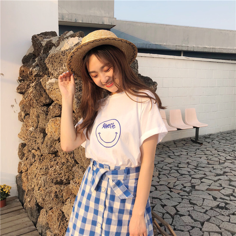 韩版时尚休闲套装夏装女装宽松短袖T恤上衣+高腰格子半身裙两件套蓝格子均码