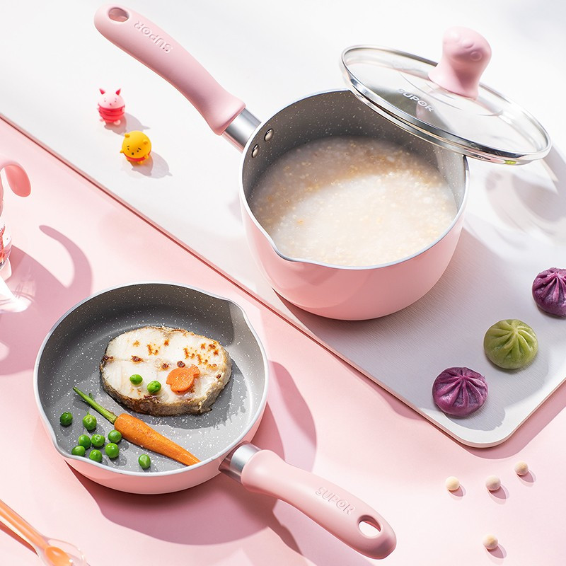 P粉[煎锅+奶锅+316屉+铲] 苏泊尔(SUPOR)宝宝辅食锅套装婴儿奶锅小锅16cm平底汤锅麦饭石色不粘锅煮泡面热牛