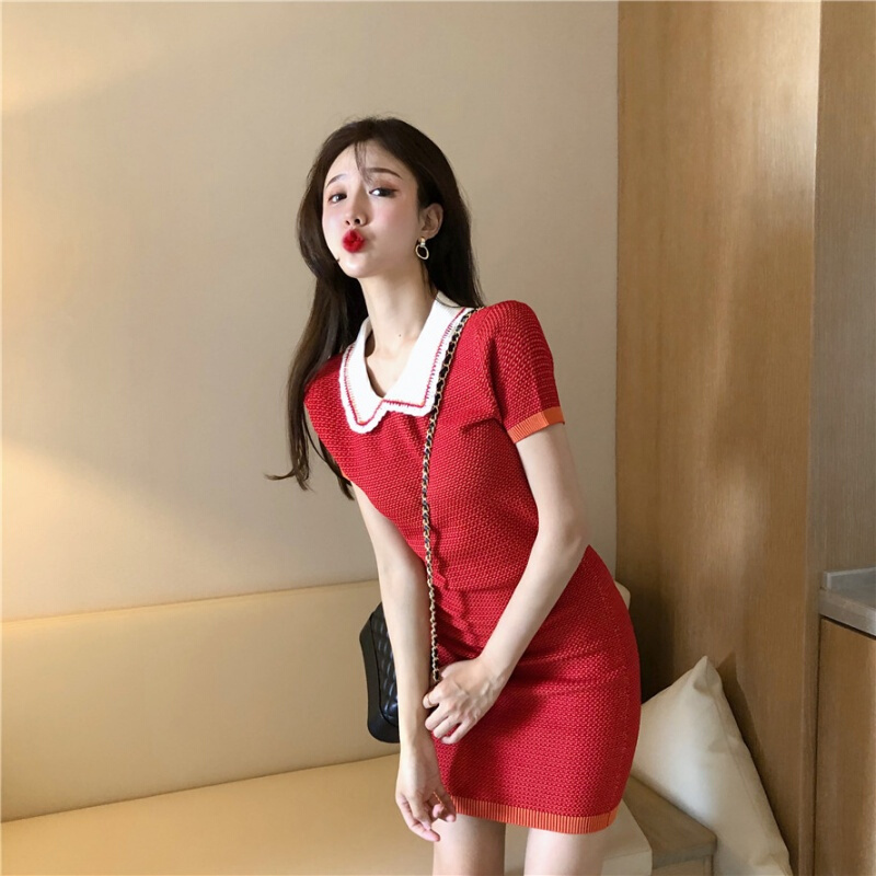 甜美少女连衣裙复古小香风气质撞色娃娃领冰丝针织裙子修身包臀裙 红色polo领针织裙 均码