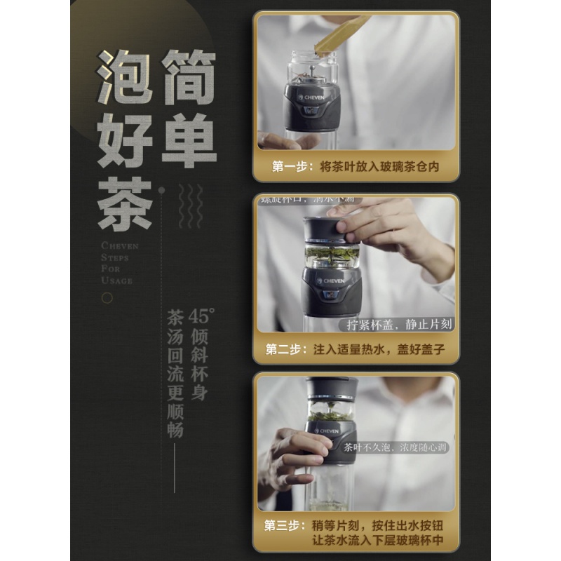 家柏饰(CORATED)茶水分离泡茶杯 双层玻璃杯男大容量透明便携过滤水杯子 睿智黑尊享礼盒套装高清大图