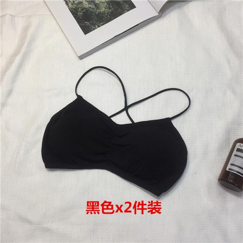 2件装糖果色交叉带美背带胸垫抹胸无钢圈露背裹胸文胸小背心女黑色+黑色均码