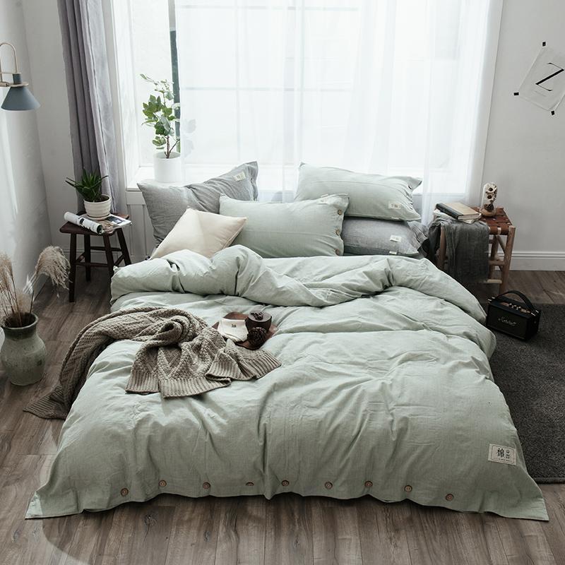 家柏饰(CORATED)简约棉麻风四件套亚麻纯色纽扣素色全棉全棉被套床单床笠床上用品 薄荷绿 2.0m床床单款【被套220*240cm/床单245*270