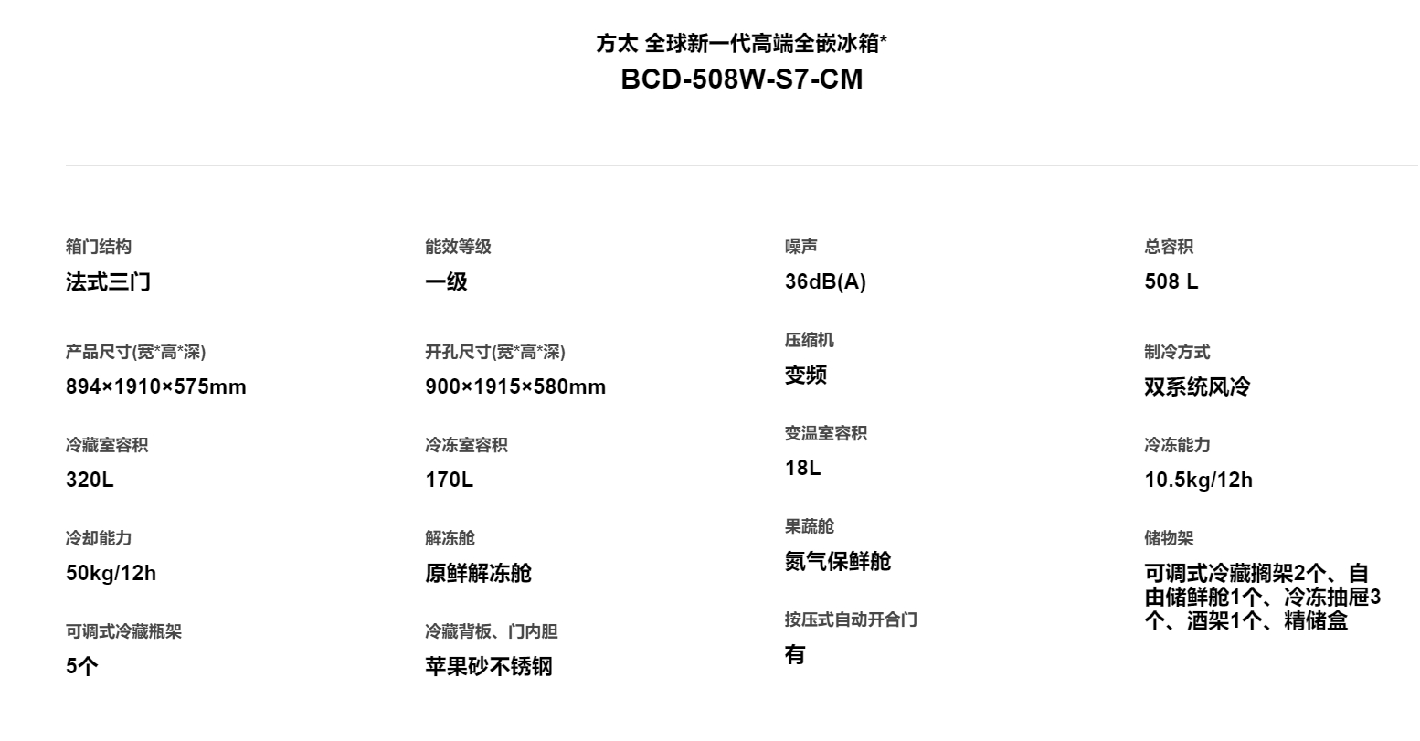 方太平嵌式高端冰箱BCD-508W-S7-CM高清大图