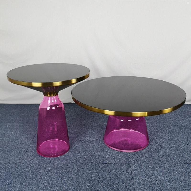 森美人北欧玻璃铃铛茶几客厅个性创意现代简约沙发边几轻奢圆形金属角几 黄铜金边+紫红色大小组合