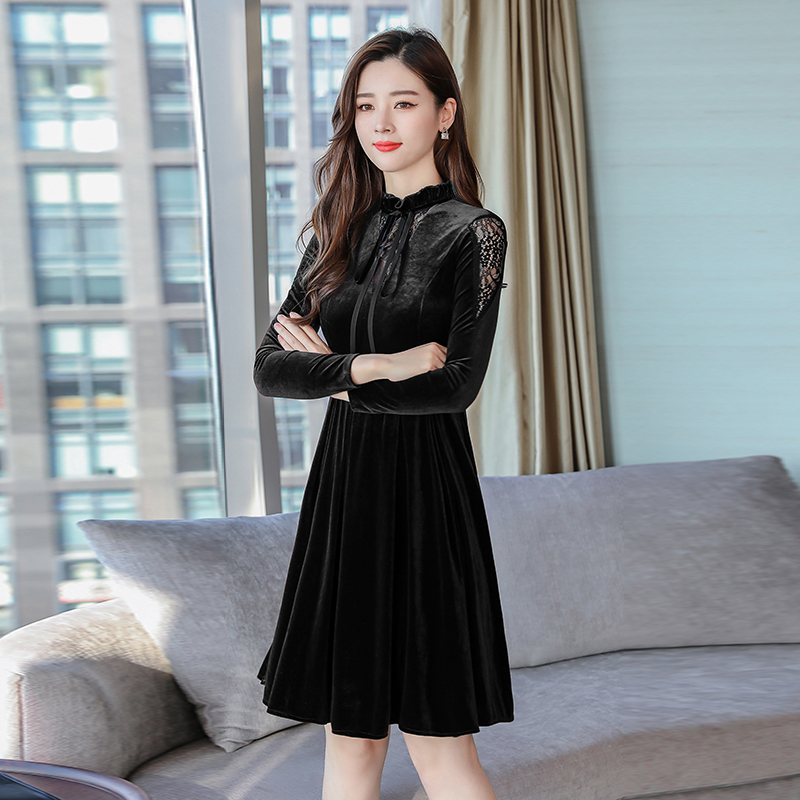 秋装女2018新款韩版时尚气质名媛修身显瘦中长款裙子金丝绒连衣裙