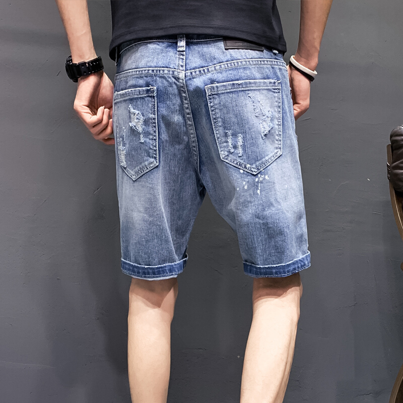 梵克公牛夏季破洞牛仔男潮常规休闲裤男士中裤时尚5分蓝色