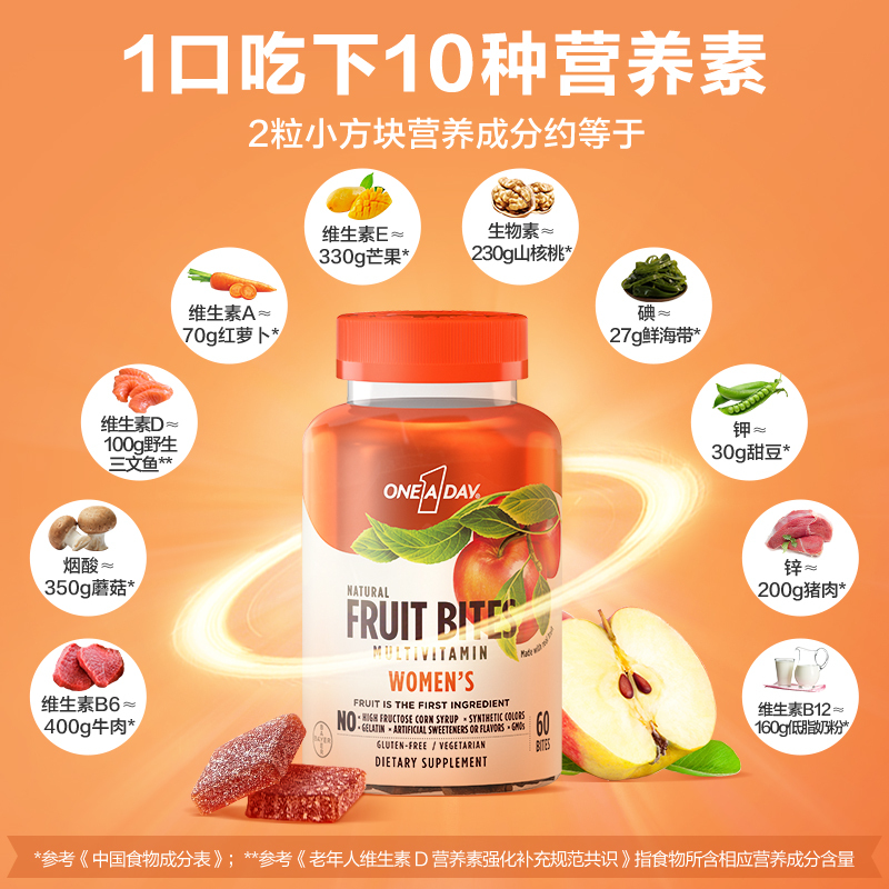 One A Day女士多维真果肉软糖60粒低糖低卡亮肤养颜
