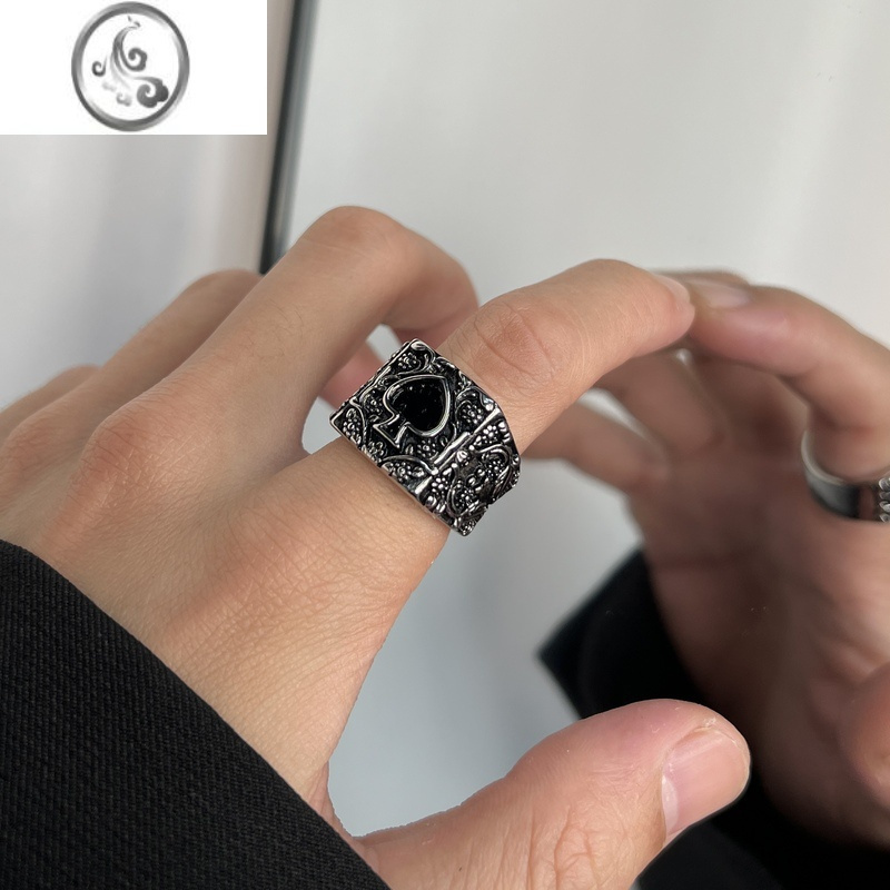 jimi扑克黑桃戒指男款潮牌复古黑宝石嘻哈女酷食指戒钛钢指环男士配饰