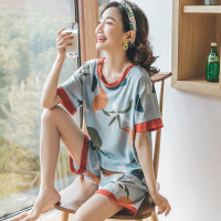 韩版绵绸卡通人造棉可爱棉绸睡衣女夏季短袖短裤套装家居服中老年 双短-蓝灰荷叶 M(80-100斤)