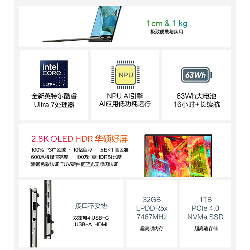华硕灵耀13 2024酷睿Ultra7 2.8K OLED AI超轻薄高颜值商务办公13.3英寸笔记本电脑(155U 32G 1T)蓝