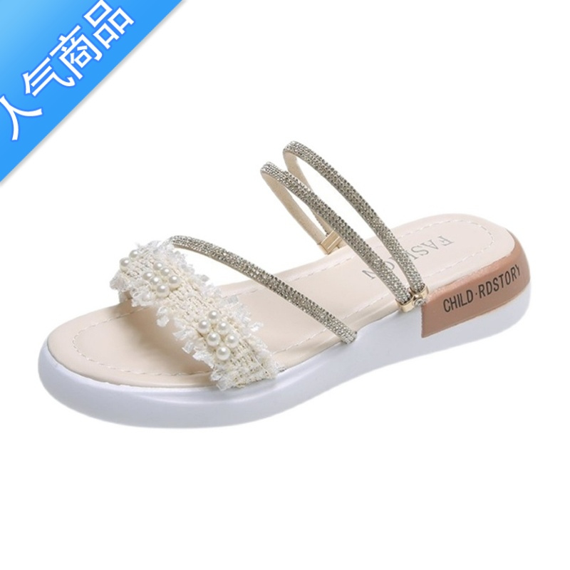 SUNTEK2023夏季新款紅青蜓两穿凉鞋女平底水钻一字带凉拖外穿厚底凉拖鞋