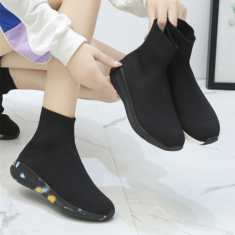 全黑色袜子鞋女秋冬高帮弹力针织袜靴轻便软底防滑妈妈休闲运动鞋