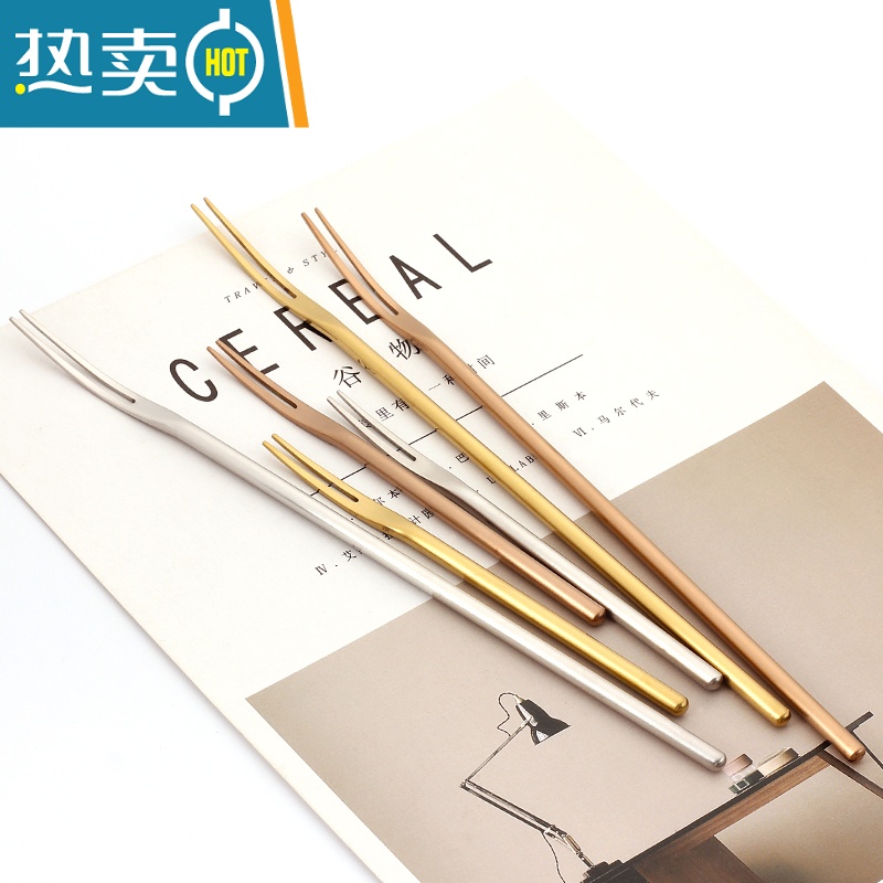 敬平日式304不锈钢水果叉长柄创意家用点心甜品蛋糕小叉子ins欧式果签 [短柄13cm]古铜色高清大图