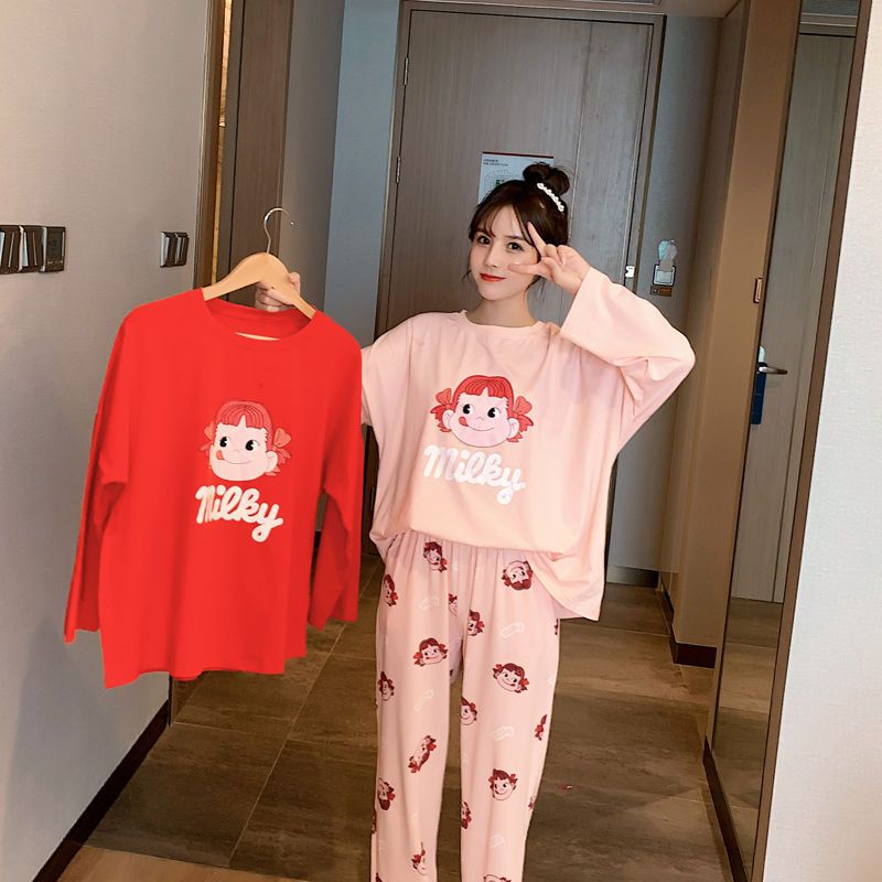 波迷娜(BOMINA)睡衣女秋季纯棉长袖卡通套头学生少女ins风宿舍家居服套 粉色#牛奶妹 均码