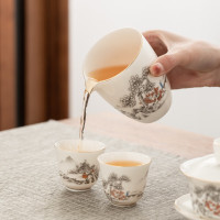 金镶玉功夫茶具套装茶壶茶杯陶羊脂玉白瓷整套家用礼品盒 描金山间流水