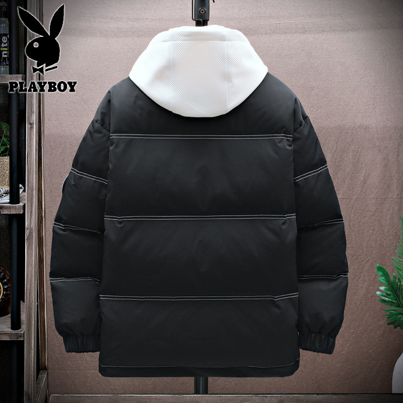 花花公子新款青少年学院风男式宽松连帽棉衣面包服假两件加厚棉服高清大图
